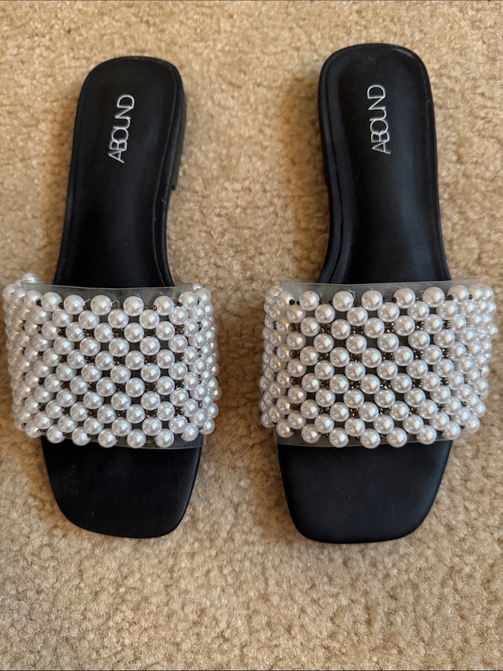 Black Slides with Pearl-Studded Straps - Size 7